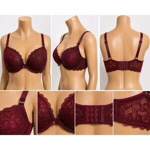 Prima Valentina Womens 38B Burgundy Lace Push UP Underwire Bra Padded Full Cover